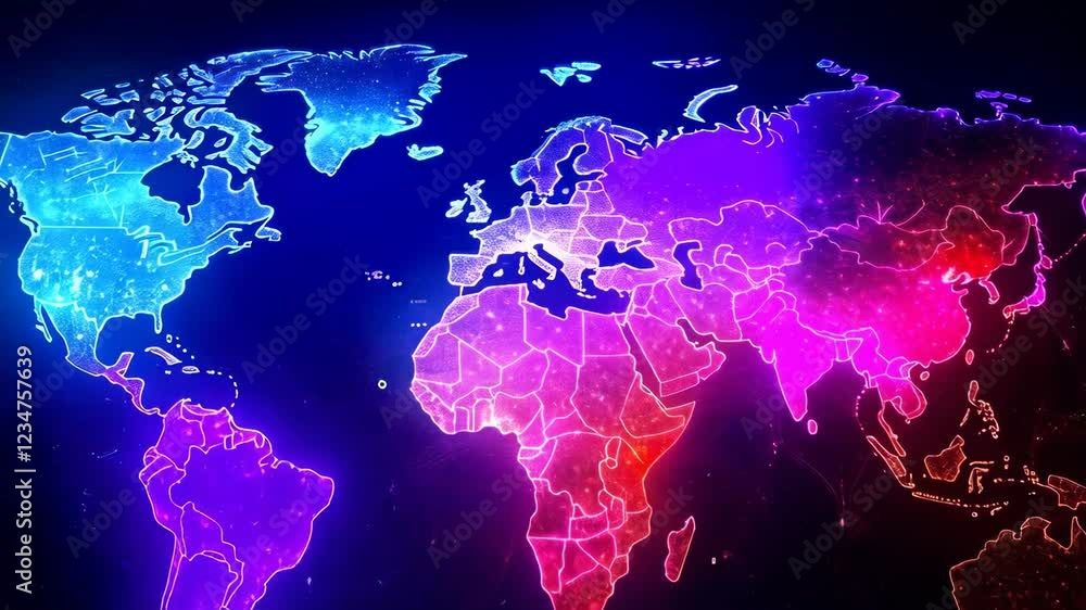 Poster colorful digital world map transition: illuminated continents with dynamic neon glow