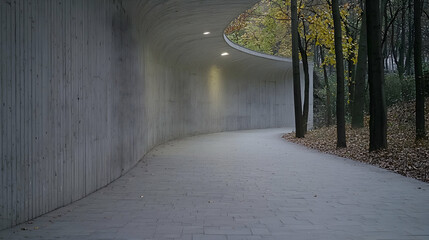 Obraz premium Curving concrete path, autumn woods, walkway, architecture