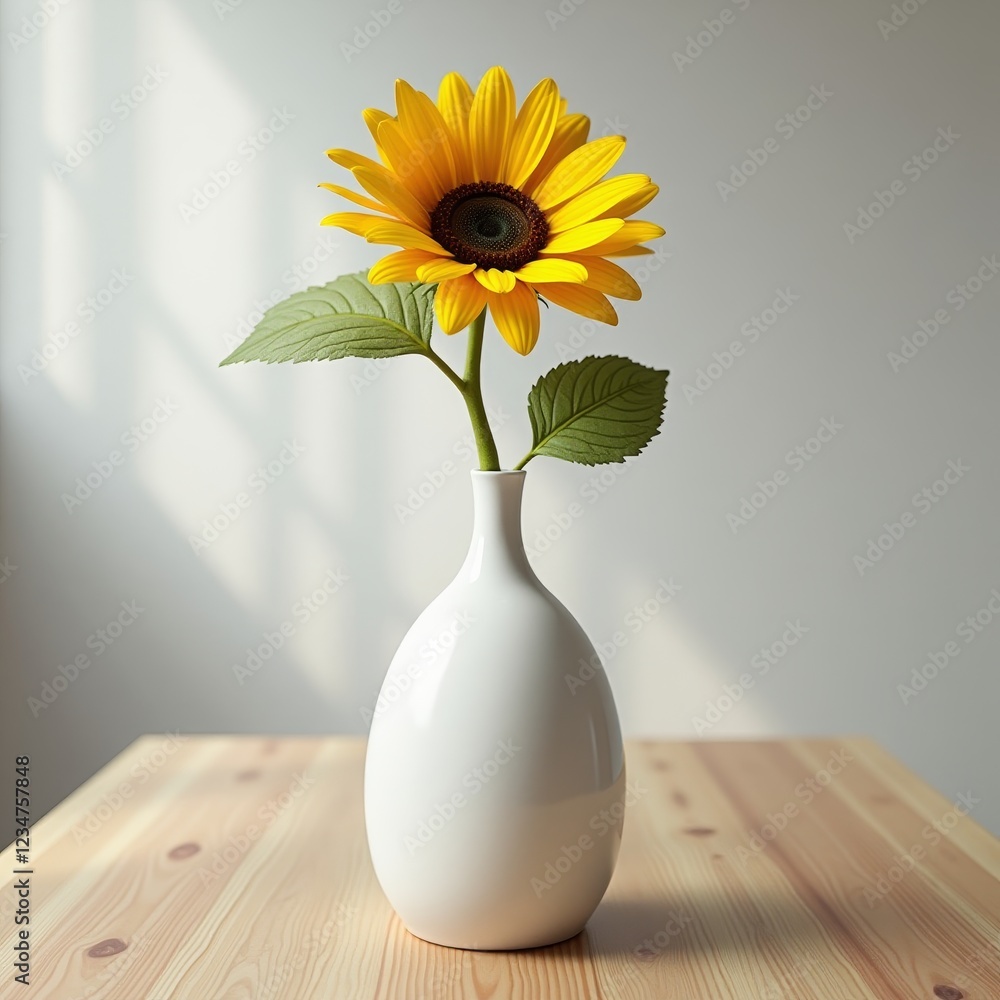 Wall mural A bright yellow sunflower in a white vase on a wooden table