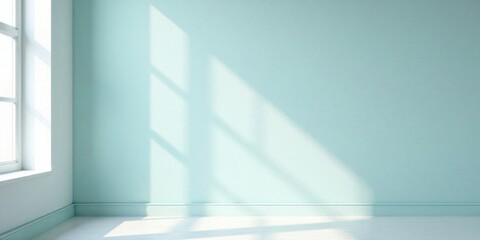 Fototapeta premium Serene Interior Corner with Sunlight Streaming Through Window Illuminating Pale Green Wall and White Floor