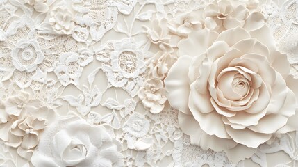 Elegant White Roses and Lace on Soft Cream Background