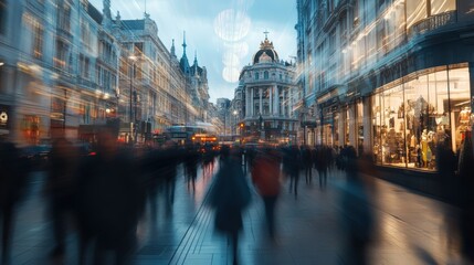 Busy Urban Street With Motion Blur Effect, Pedestrians and Traffic at Dusk. Generative AI.