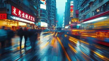Obraz premium Rainy City Street at Night, Motion Blur of Lights and Traffic. Generative AI.