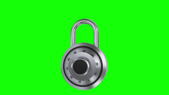 Animation of Dial Combination Padlock Unlocking Mechanism with Smooth Panorama on Green Chroma Key Background, Detailed Lock Rotation and Final Unlocking