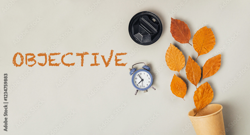 Poster clock and a cup are on a table with the word objective written in orange