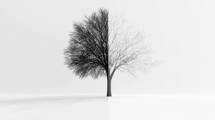 Fototapeta premium Half-dead tree, white background, seasonal change concept, environmental illustration