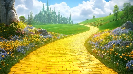 Obraz premium A vividly colored yellow brick road leading to the emerald city, with tall green hills in the background, a bright blue sky, and white clouds. 