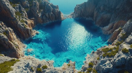 Fototapeta premium Aerial view of a secluded turquoise cove nestled between rocky cliffs
