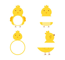 Set of cute Easter chicks monogram frame vector isolated on white background. Funny baby chicken clipart. Easter monogram frame. Hand drawn flat cartoon character