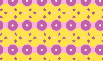 Naklejka premium Flat Design Pattern with Yellow Background, Pink Dots and Squares, Star-Shaped Elements, and Magenta Stars for a Playful and Calm Atmosphere.
