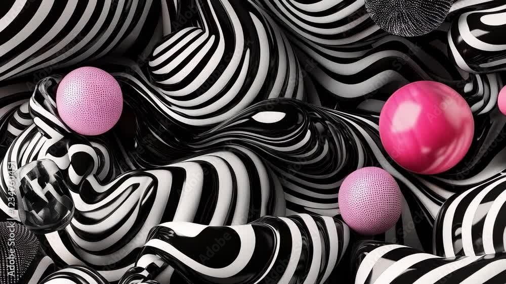 Poster dynamic abstract composition featuring striking black and white patterns mixed with vibrant pink sph