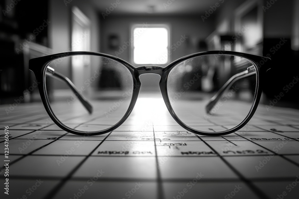 Poster a close-up of eyeglasses resting on a patterned surface in a dimly lit room.