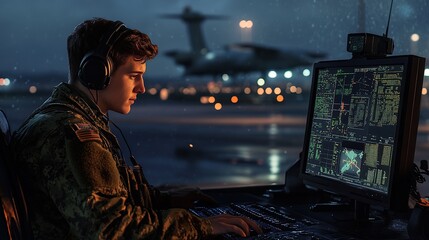 A young man in military uniform with headphones works at the control panel of an advanced aerial combat system, surrounded by multiple screens displaying flight data and war plans. 