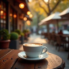 Fototapeta premium A steaming cup of coffee on a wooden table