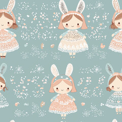 Cute amigurumi seamless pattern motif featuring adorable bunny characters whimsical design soft color palette playful theme