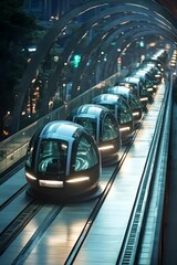 Obraz premium A sleek, futuristic train glides through a neon-lit cityscape, showcasing advanced technology and modern design in a bustling urban environment.