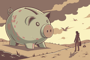  Surreal giant piggy bank, weathered metallic texture, peeling paint, rusty patina, desert landscape, dramatic cloudy sky, flying birds, photorealistic rendering, cinematic lighting, wide-angle pers