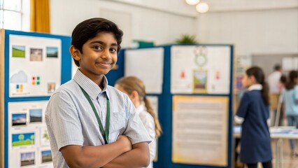 Indian Student in Science Fair – A student presenting a science project or model at a school exhibition.
