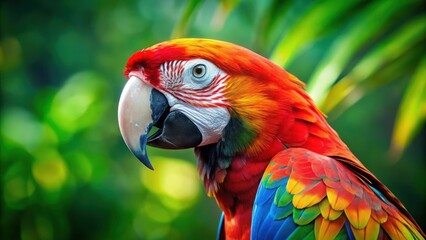 Fototapeta premium A scarlet macaw's vibrant feathers capture the beauty of nature's palette, a stunning display of colors against a verdant backdrop.