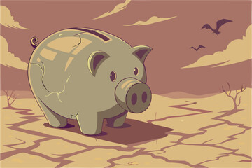  Surreal giant piggy bank, weathered metallic texture, peeling paint, rusty patina, desert landscape, dramatic cloudy sky, flying birds, photorealistic rendering, cinematic lighting, wide-angle pers