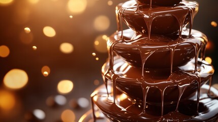 Delicious chocolate fountain dripping with melted chocolate on golden bokeh background, copy space