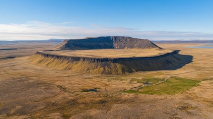 Aerial view of Icelandic volcanic crater, vast landscape, calm blue sky