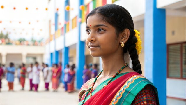 Indian Student in Traditional Dress – A female student wearing traditional attire during a cultural or festive event at school.
