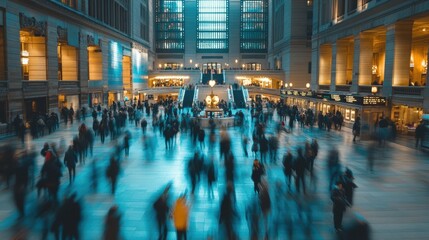 Obraz premium Busy Train Station With Motion Blur of Commuters, Modern Architecture. Generative AI.