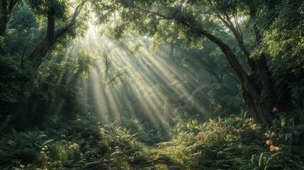 Fototapeta premium Sunlight filters through the dense forest canopy creating a magical atmosphere in the heart of nature
