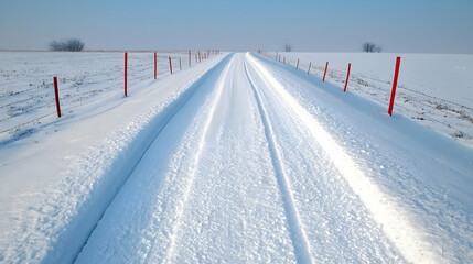 Snowy road, winter landscape, tire tracks, rural scene, travel photography