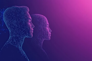 Futuristic Digital Portrait of a Man and a Woman, Abstract Neural Network Concept. Generative AI.