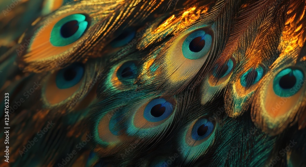 Poster a close-up view of vibrant peacock feathers showcasing iridescent colors and intricate patterns.