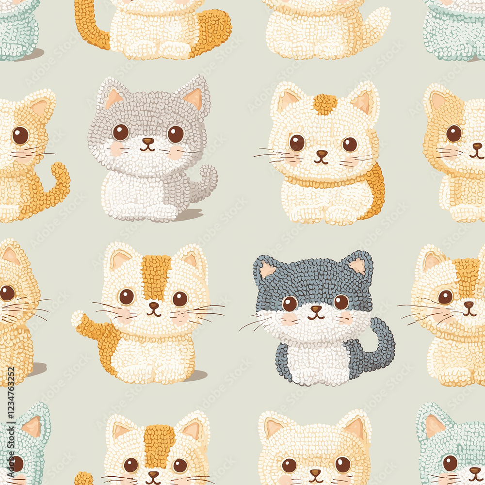 Poster a cute pattern featuring cartoonish, plush cats in various colors, arranged in a repeating design wi