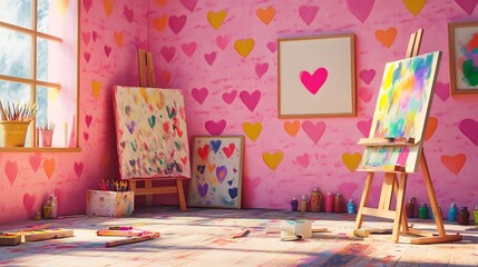 Colorful Artist Studio with Heart Decor and Creative Supplies