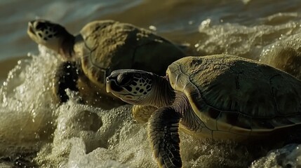 Obraz premium Two sea turtles emerge from the ocean surf with sand on their shells
