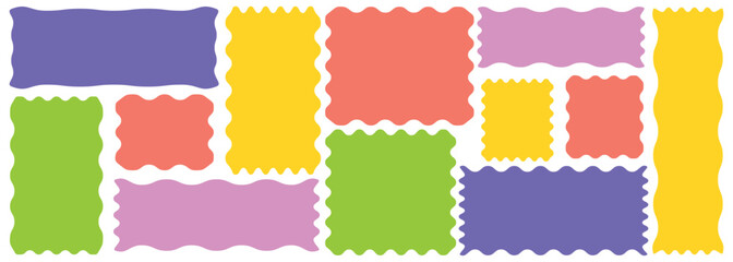 Set of frames with zigzag edge scallop shape. Geometric shapes stickers with rectangle frames . Rectangular, circle, oval and square scalloped frames. Isolated elements for design of text box, badge, 