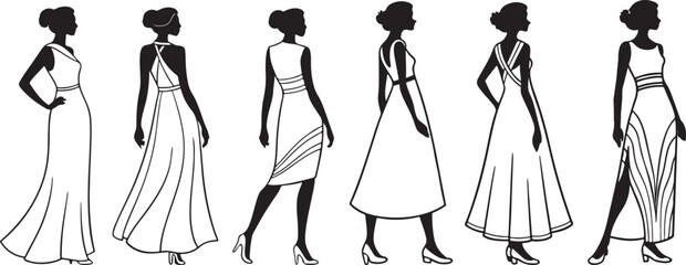 Woman long dress silhouette vector art illustration design, isolated on a white background.