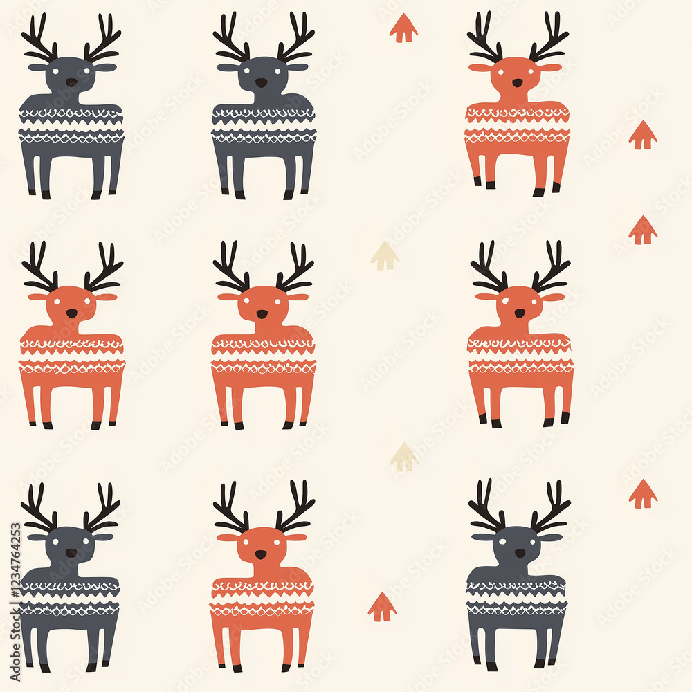 Poster a whimsical pattern featuring patterned reindeer in orange and gray tones against a light background