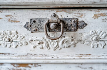 Vintage wooden door handle with floral carving on a distressed white wood background. A rustic decor detail, ideal for shabby chic, antique restoration, and interior photography.


