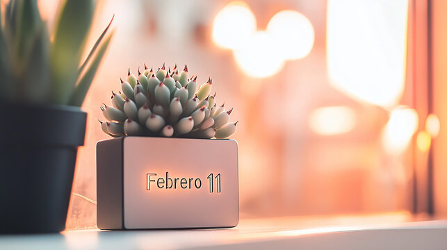 Suculenta decorativa y fecha iluminada en c&aacute;lido atardecer