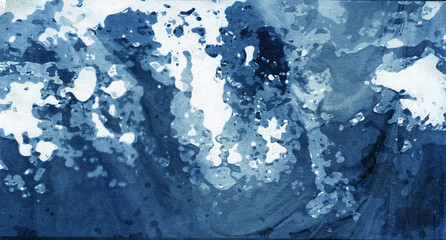 Cyanotype of an ocean wave breaking with foam