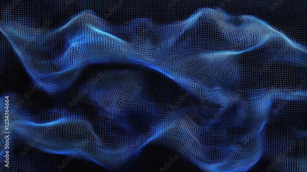 Poster wavy blue grid-like pattern for tech or science background with dark background