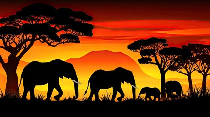 Fototapeta premium Silhouette of elephant family at sunset in African savanna.