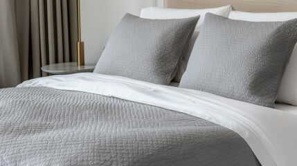 A serene bedroom setup featuring a neatly made bed with gray bedding and matching pillows, exuding comfort and elegance.
