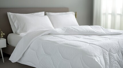 A cozy, well-made bed with white bedding and pillows, set against a softly lit, neutral-colored room.