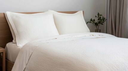 A serene bedroom setting featuring a neatly made bed with an elegant white quilt and matching pillows, complemented by a touch of greenery.
