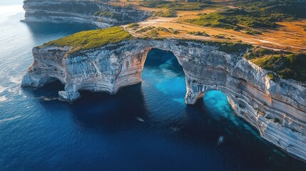 Aerial view of limestone archway, turquoise sea, and cliffs