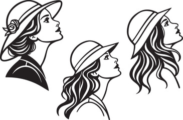 Woman long hair silhouette vector art with cap in head, isolated on a white background.