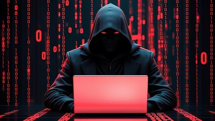 Neon Red Anonymous Hacker in Hoodie Using Laptop – Cybersecurity Threats, Data Breaches, and Dark Web Activities Represented in Digital Code Art