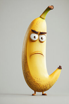 Naklejki Angry anthropomorphic banana with expressive eyebrows and arms, depicting frustration, irritation, or determination in surreal fruit character concept, featuring realistic textures and details.